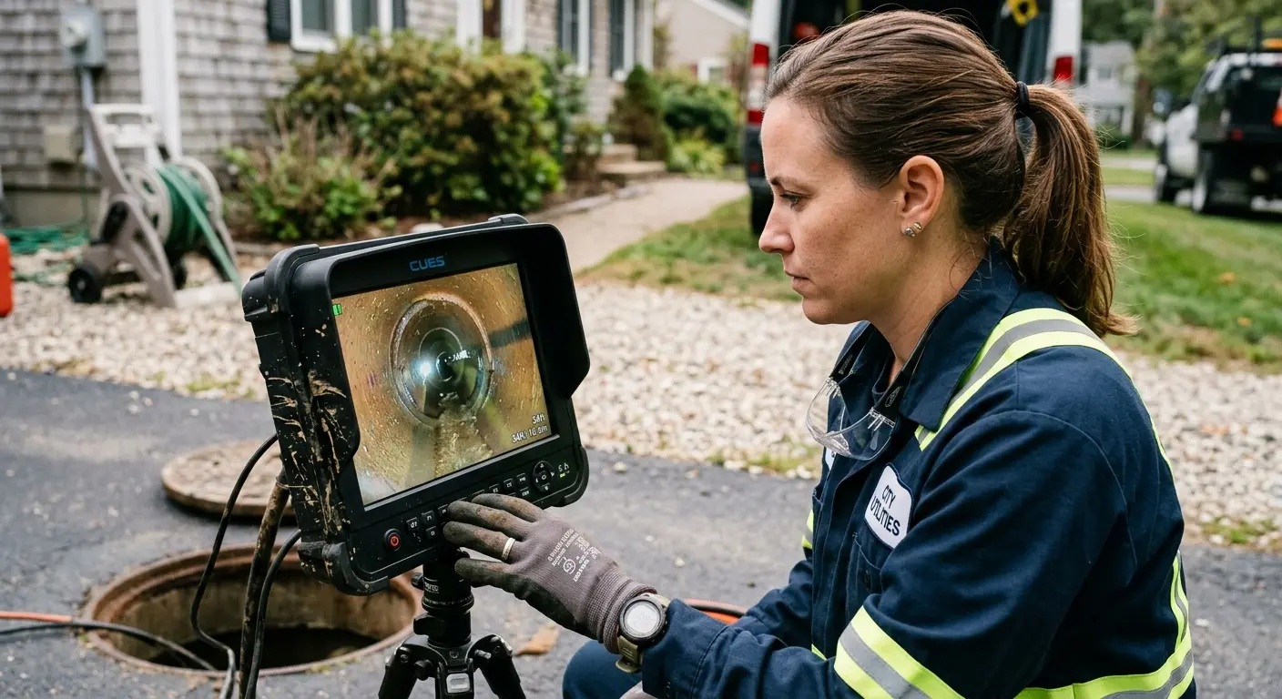 Technician reviewing sewer camera inspection footage in Gaffney