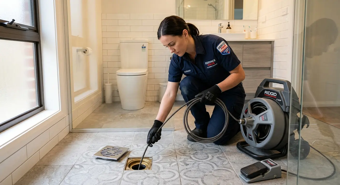 Technician clearing a bathroom floor drain for Sewer Line Installation in Gaffney